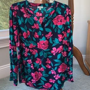Talbots Long Sleeve Floral print Blouse Shirt Size Petite P Midnight Blue & Pink